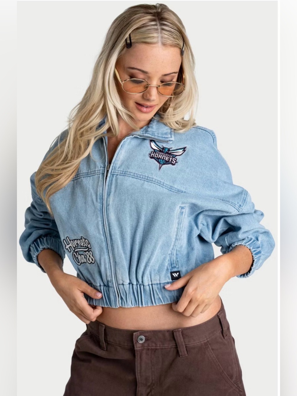 Charlotte Hornets Embroidered Light Blue Denim Bomber Jacket